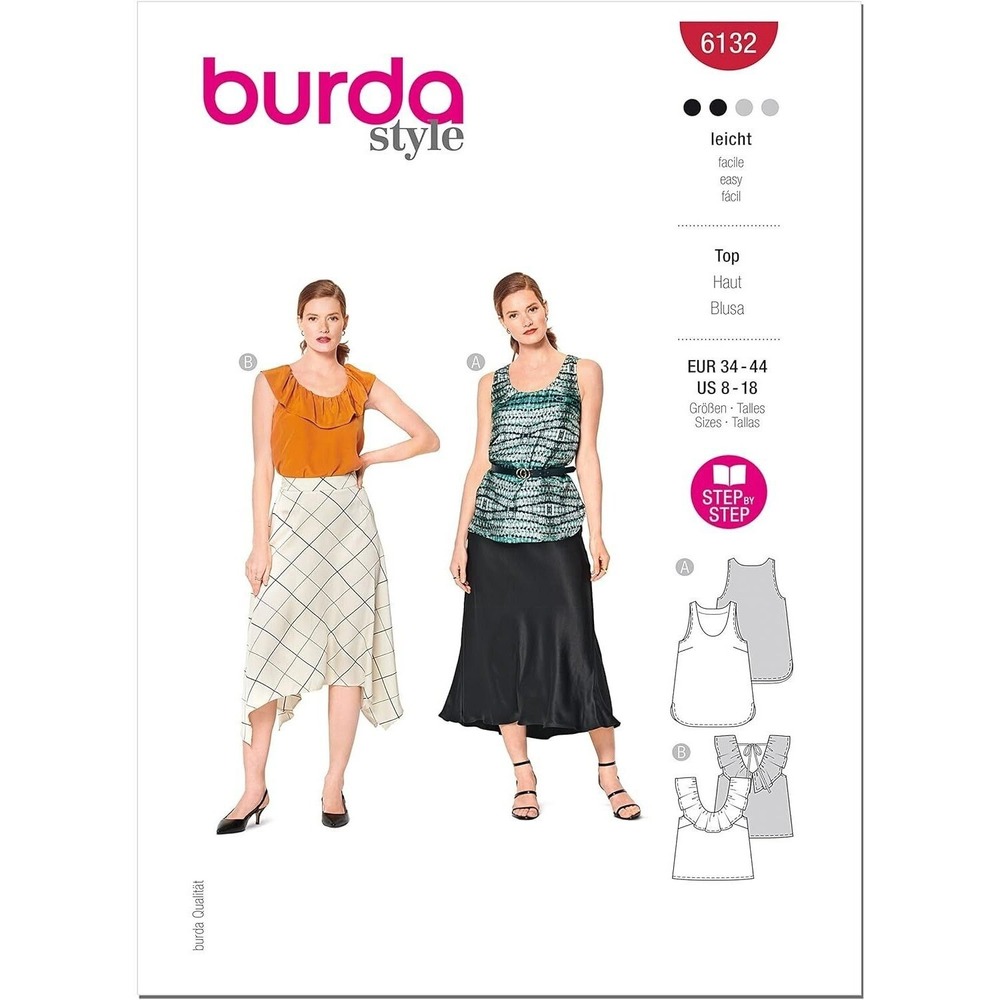 Burda Sewing Pattern 6132 Top Blouse Women Size 8-18 Uncut Ruffle Tank